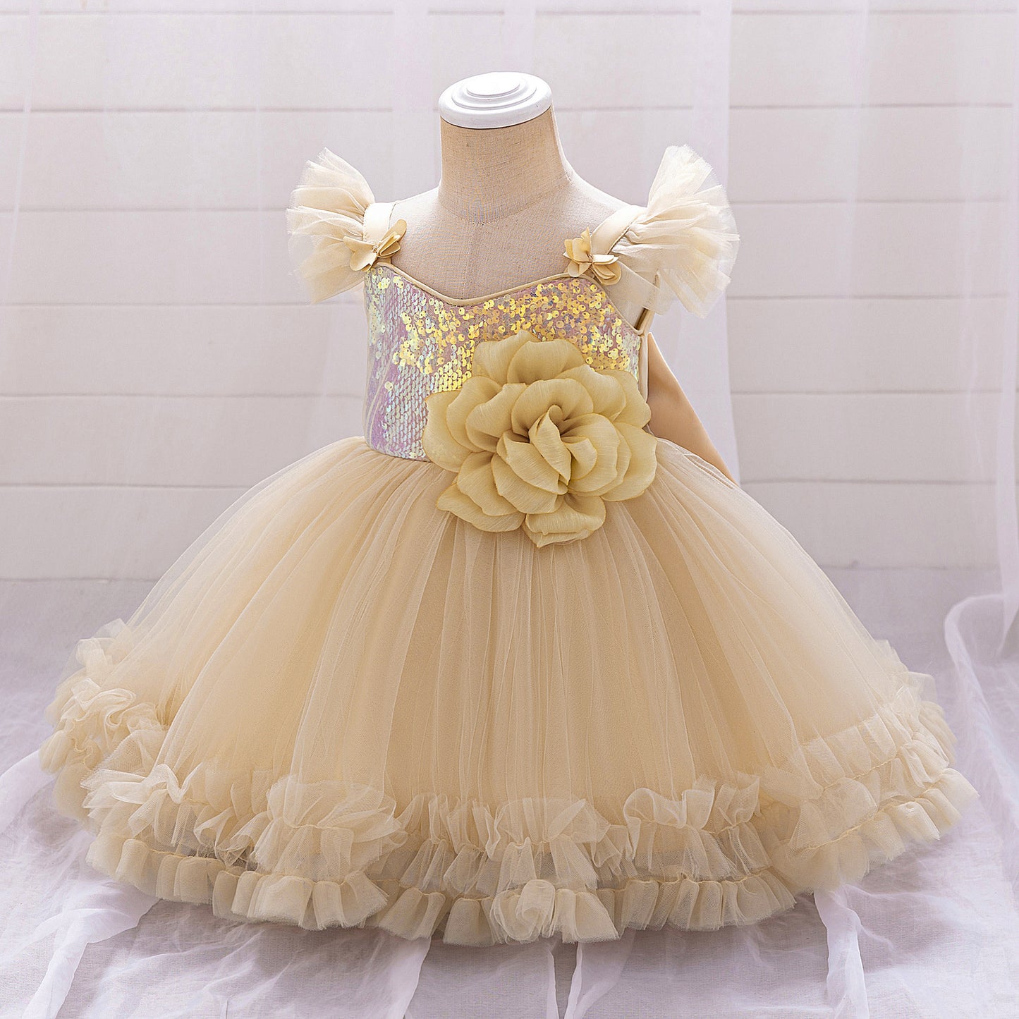 Puffy Ball Gown Dress for Girls with Sequins, Flowers & Bowknot | Cute Tea-Length Party Princess Dress