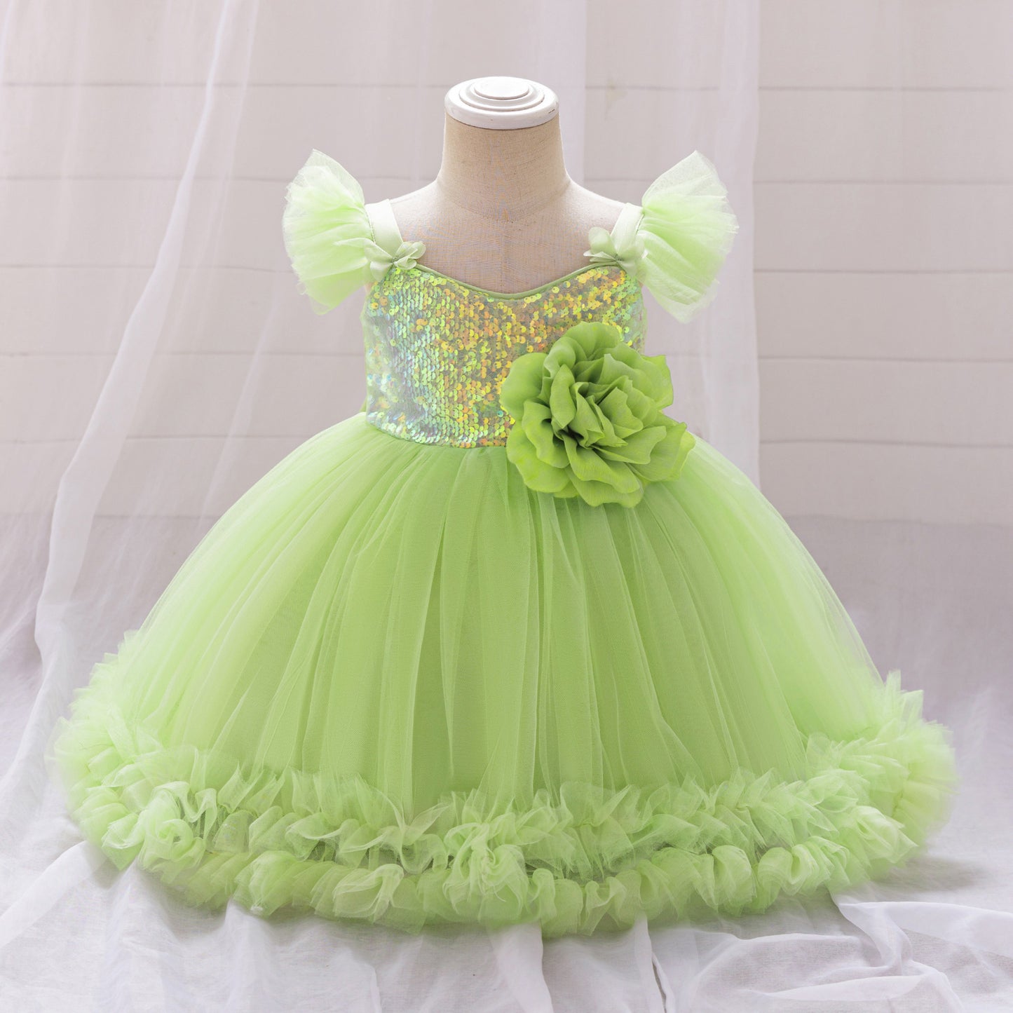 Puffy Ball Gown Dress for Girls with Sequins, Flowers & Bowknot | Cute Tea-Length Party Princess Dress