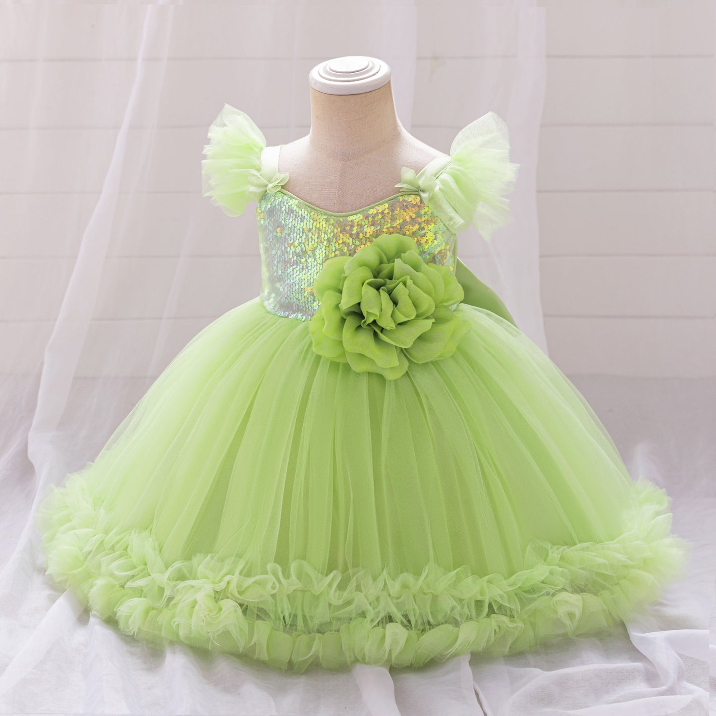 Puffy Ball Gown Dress for Girls with Sequins, Flowers & Bowknot | Cute Tea-Length Party Princess Dress
