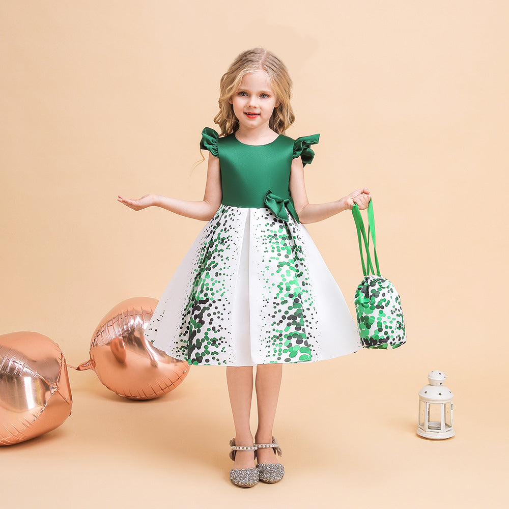 Girls' Puffy Floral Satin Ball Gown Dress – Cute Princess Tea-Length Outfit for Parties