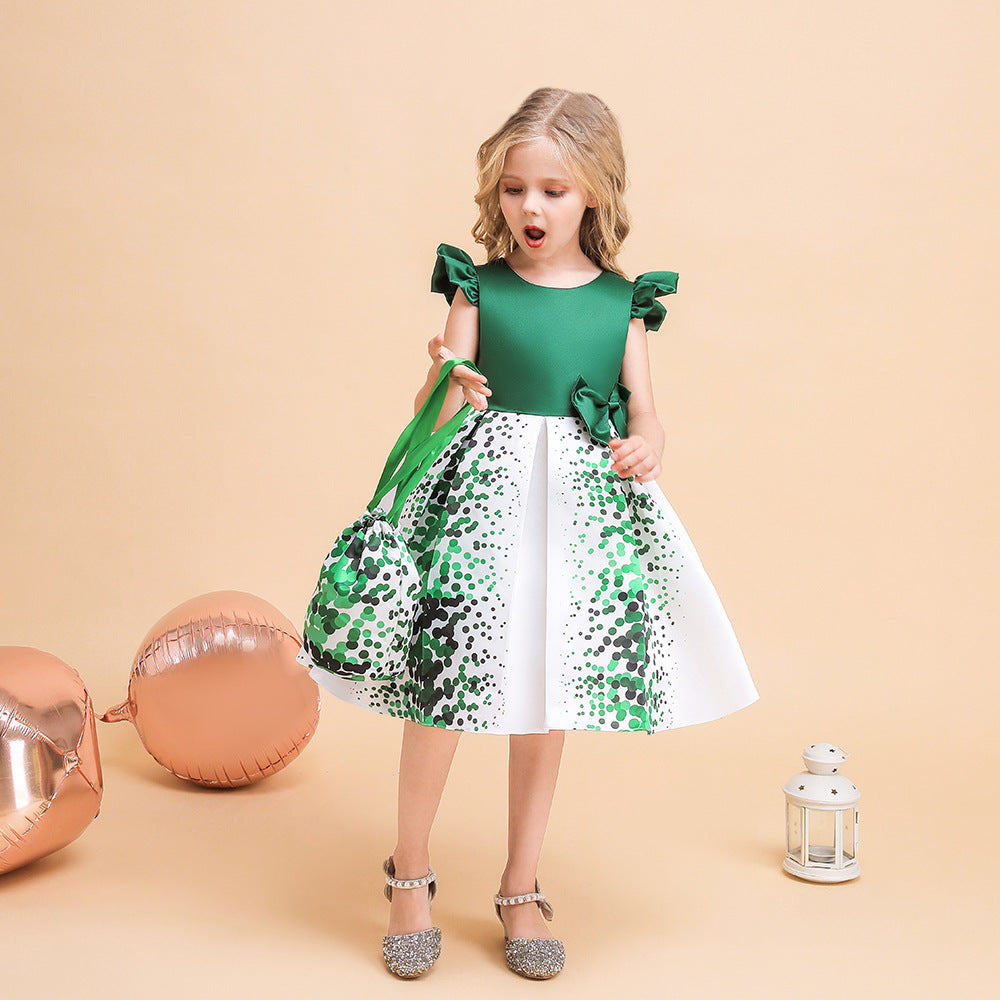 Girls' Puffy Floral Satin Ball Gown Dress – Cute Princess Tea-Length Outfit for Parties