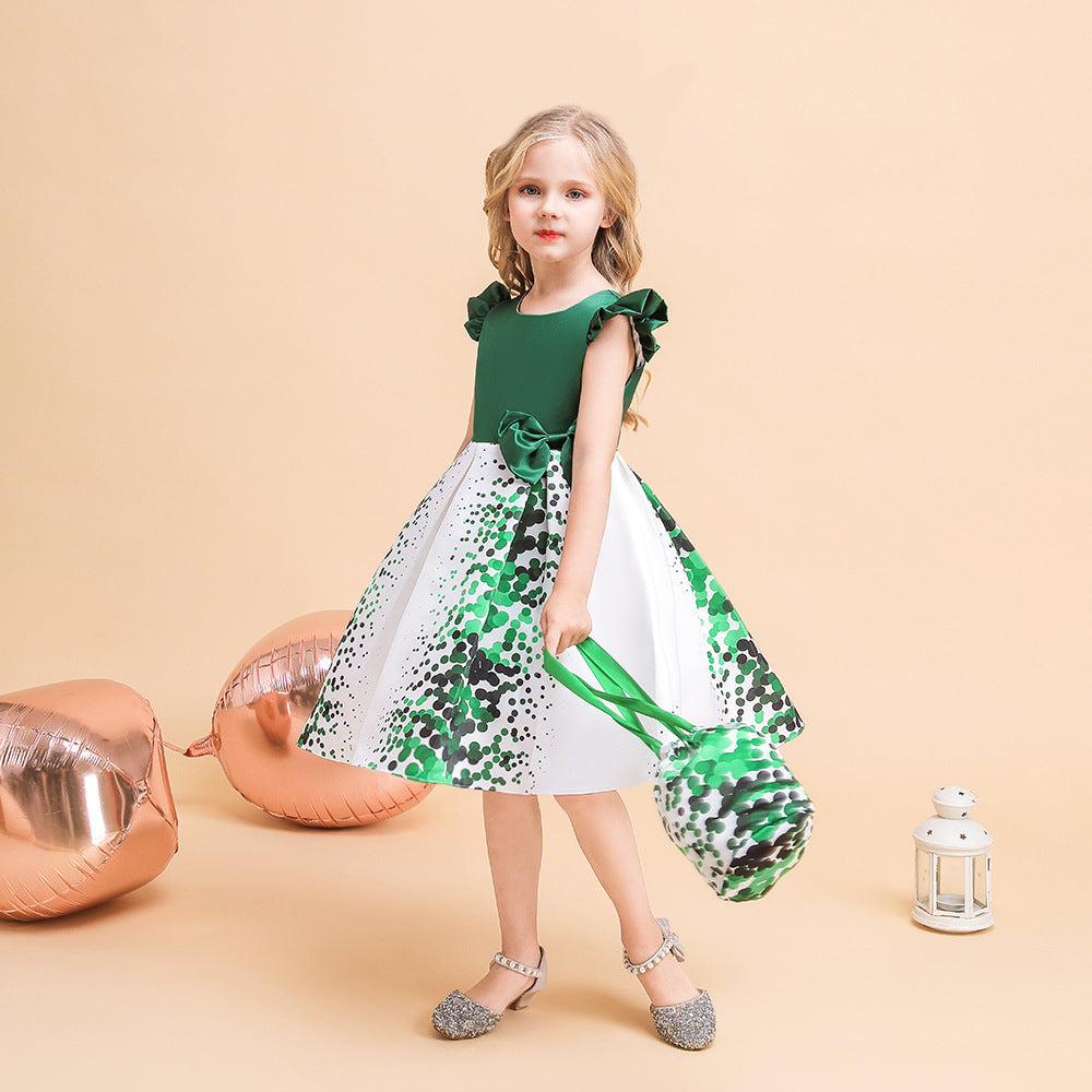 Girls' Puffy Floral Satin Ball Gown Dress – Cute Princess Tea-Length Outfit for Parties