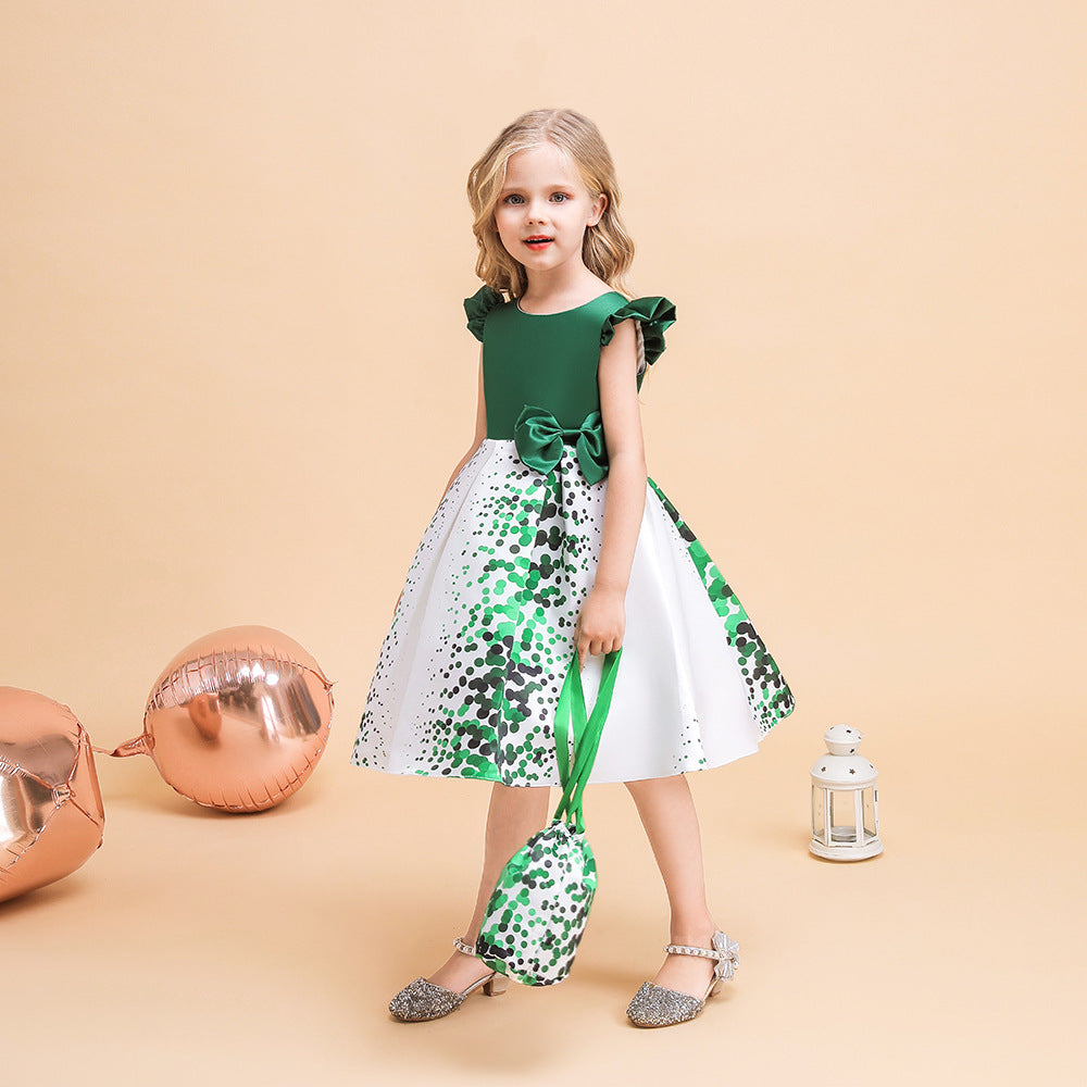Girls' Puffy Floral Satin Ball Gown Dress – Cute Princess Tea-Length Outfit for Parties