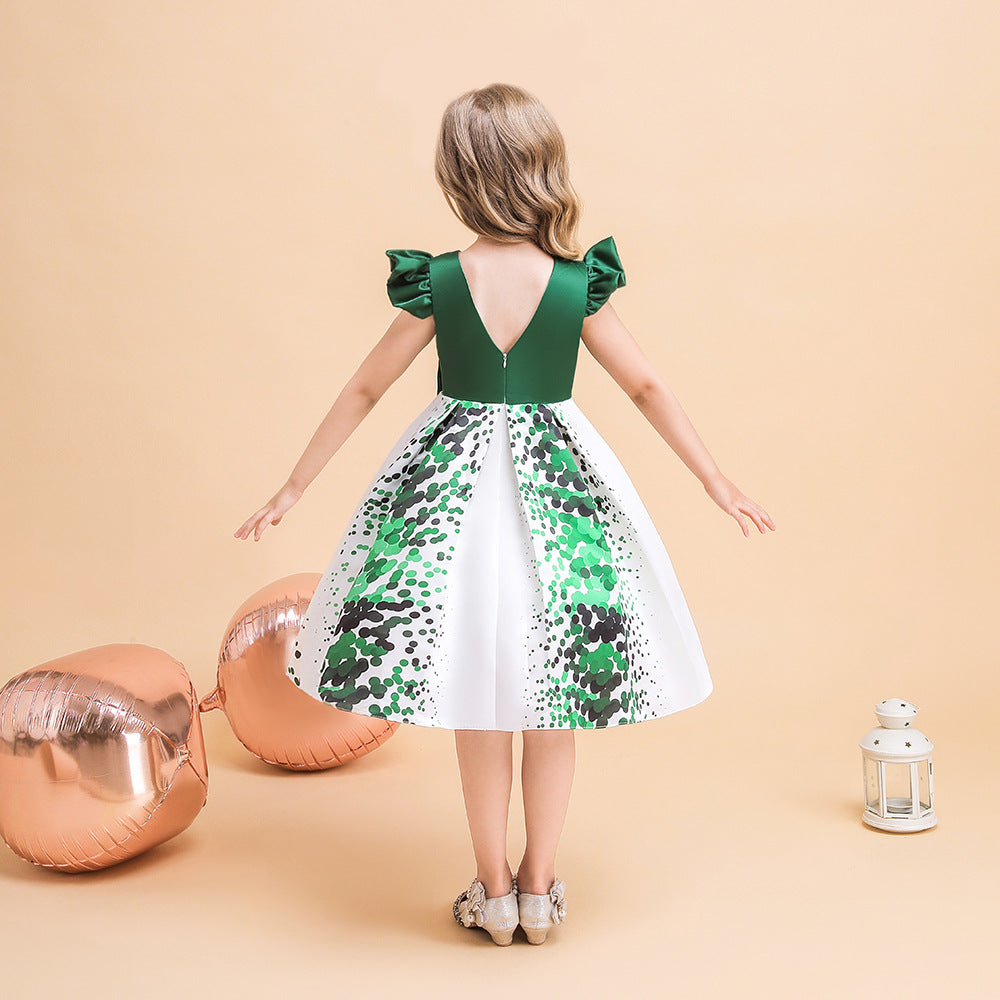 Girls' Puffy Floral Satin Ball Gown Dress – Cute Princess Tea-Length Outfit for Parties