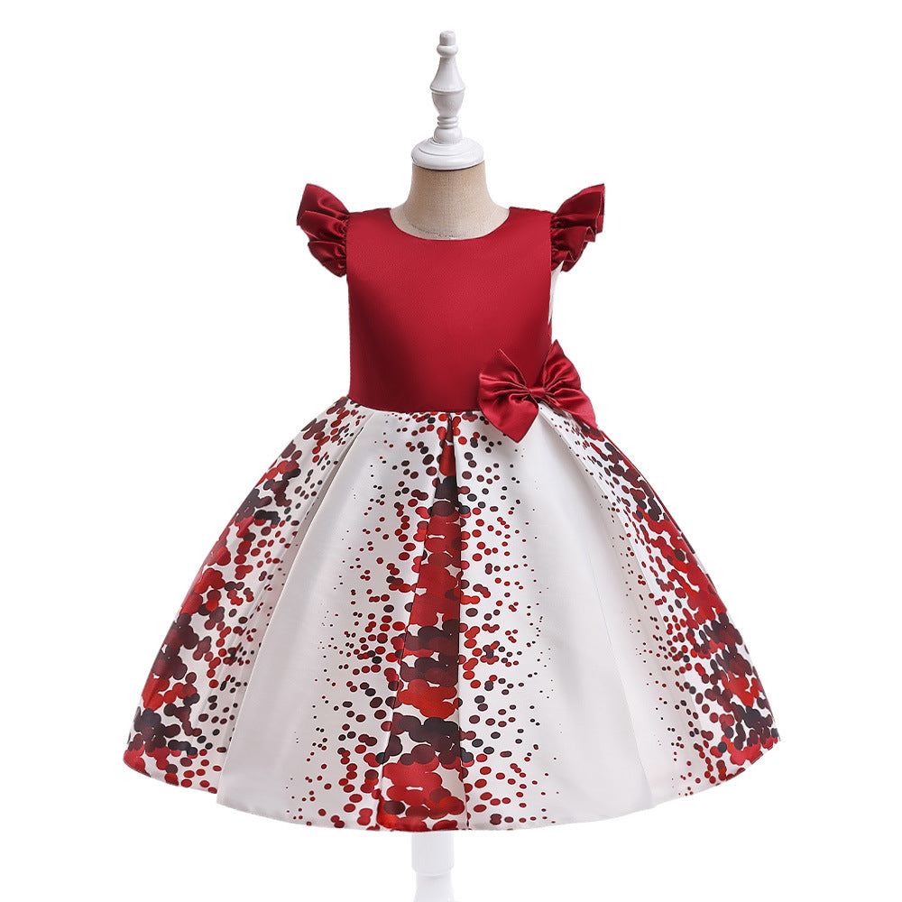Girls' Puffy Floral Satin Ball Gown Dress – Cute Princess Tea-Length Outfit for Parties