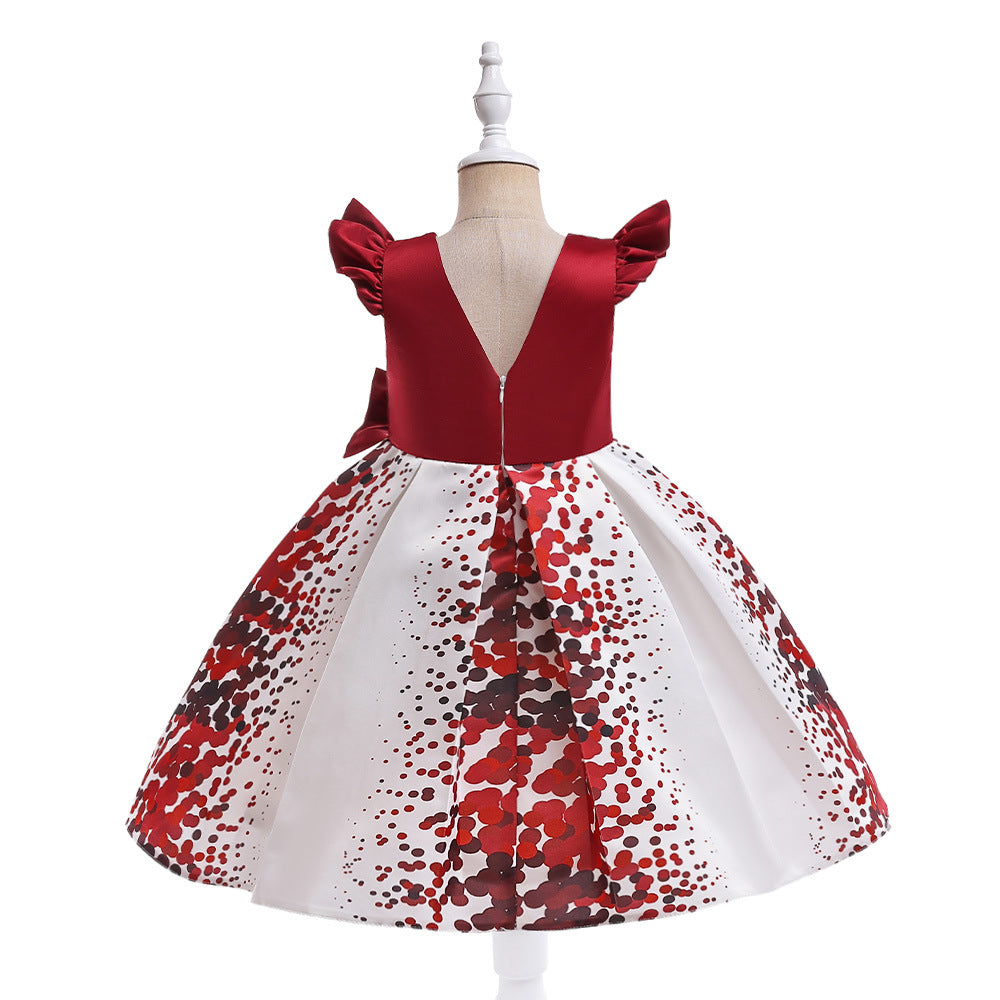 Girls' Puffy Floral Satin Ball Gown Dress – Cute Princess Tea-Length Outfit for Parties