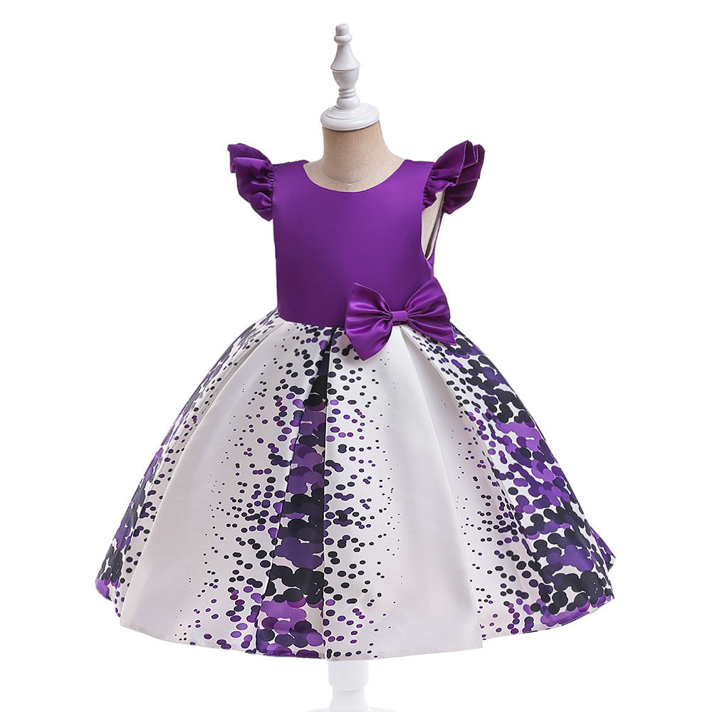 Girls' Puffy Floral Satin Ball Gown Dress – Cute Princess Tea-Length Outfit for Parties