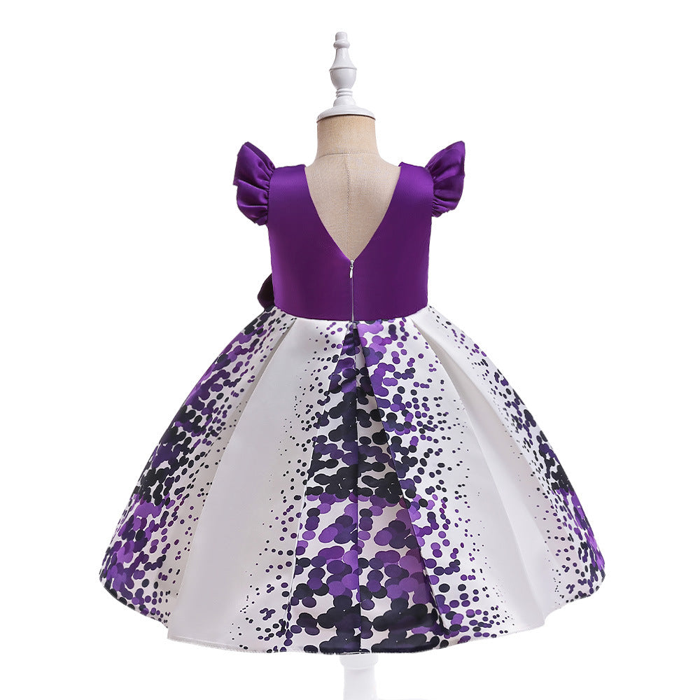 Girls' Puffy Floral Satin Ball Gown Dress – Cute Princess Tea-Length Outfit for Parties