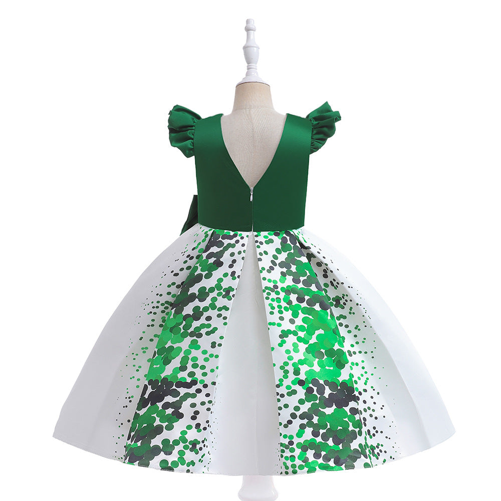 Girls' Puffy Floral Satin Ball Gown Dress – Cute Princess Tea-Length Outfit for Parties