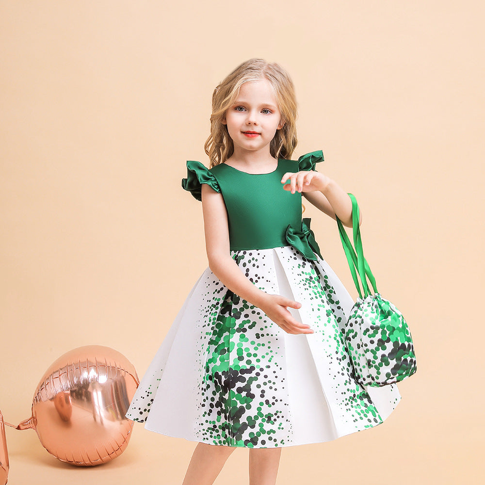 Girls' Puffy Floral Satin Ball Gown Dress – Cute Princess Tea-Length Outfit for Parties
