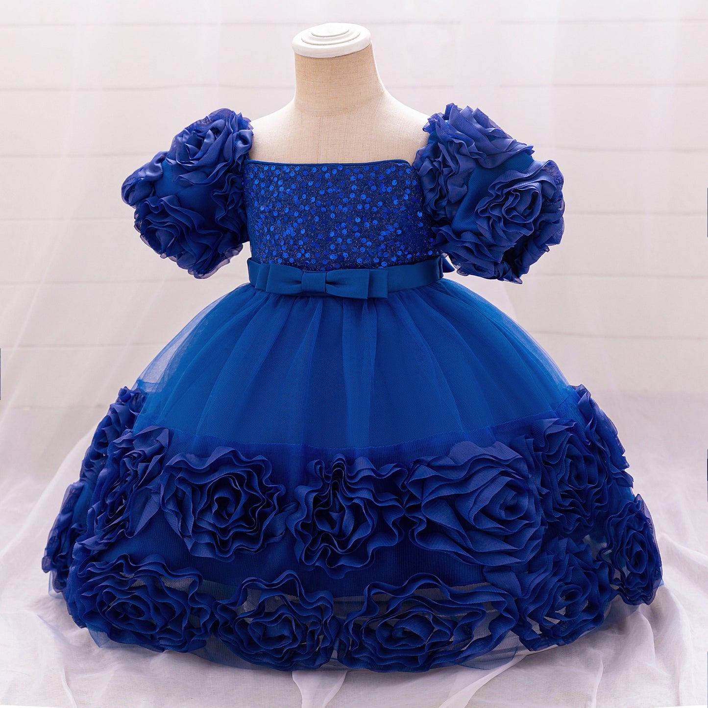 Puffy Off-Shoulder Sequin Ball Gown for Girls – Tea Length Bowknot Flower Dress
