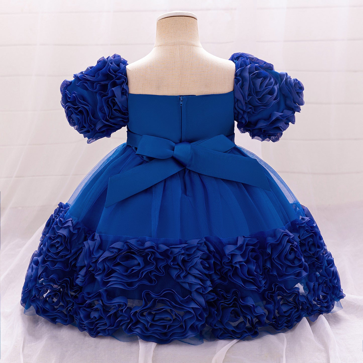 Puffy Off-Shoulder Sequin Ball Gown for Girls – Tea Length Bowknot Flower Dress