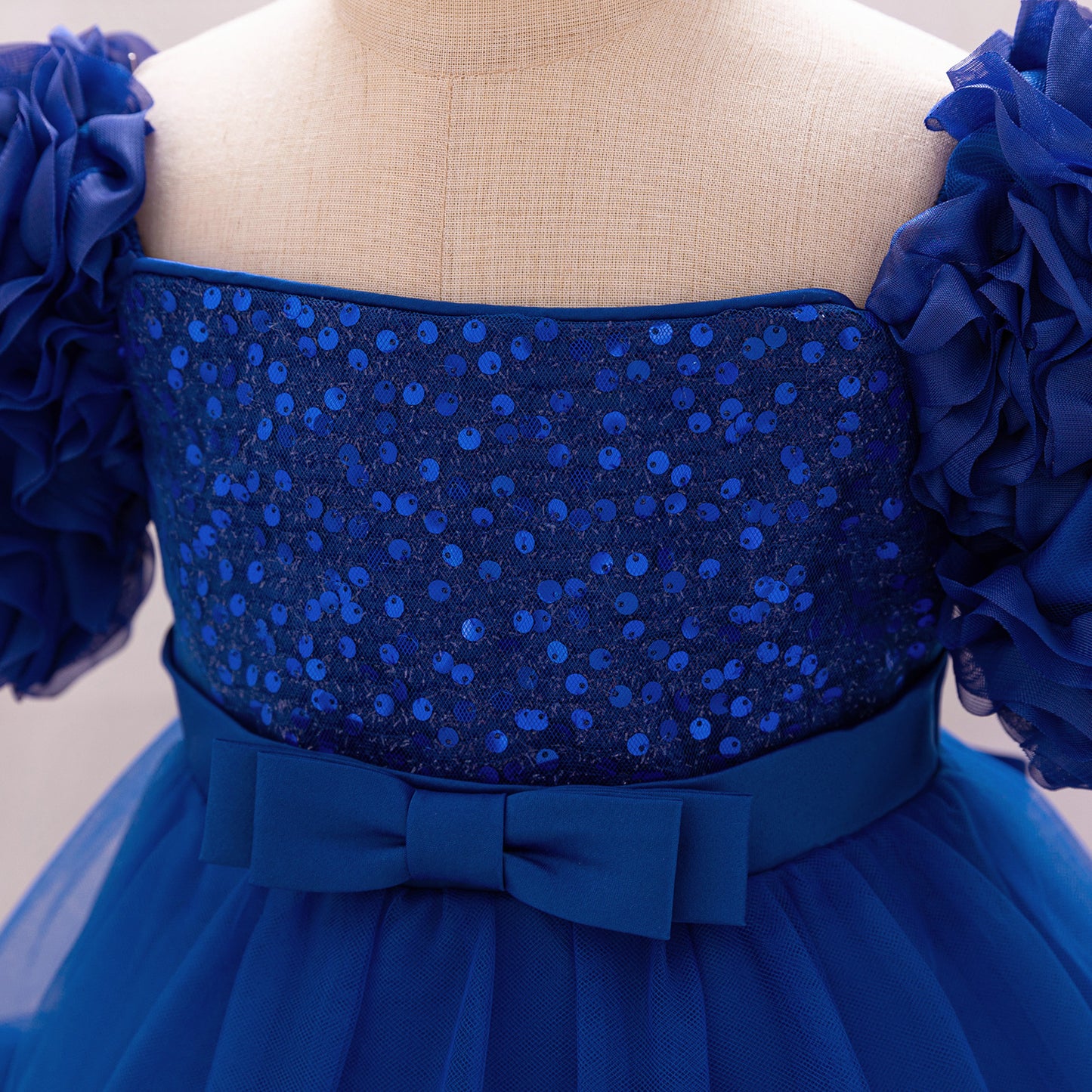 Puffy Off-Shoulder Sequin Ball Gown for Girls – Tea Length Bowknot Flower Dress
