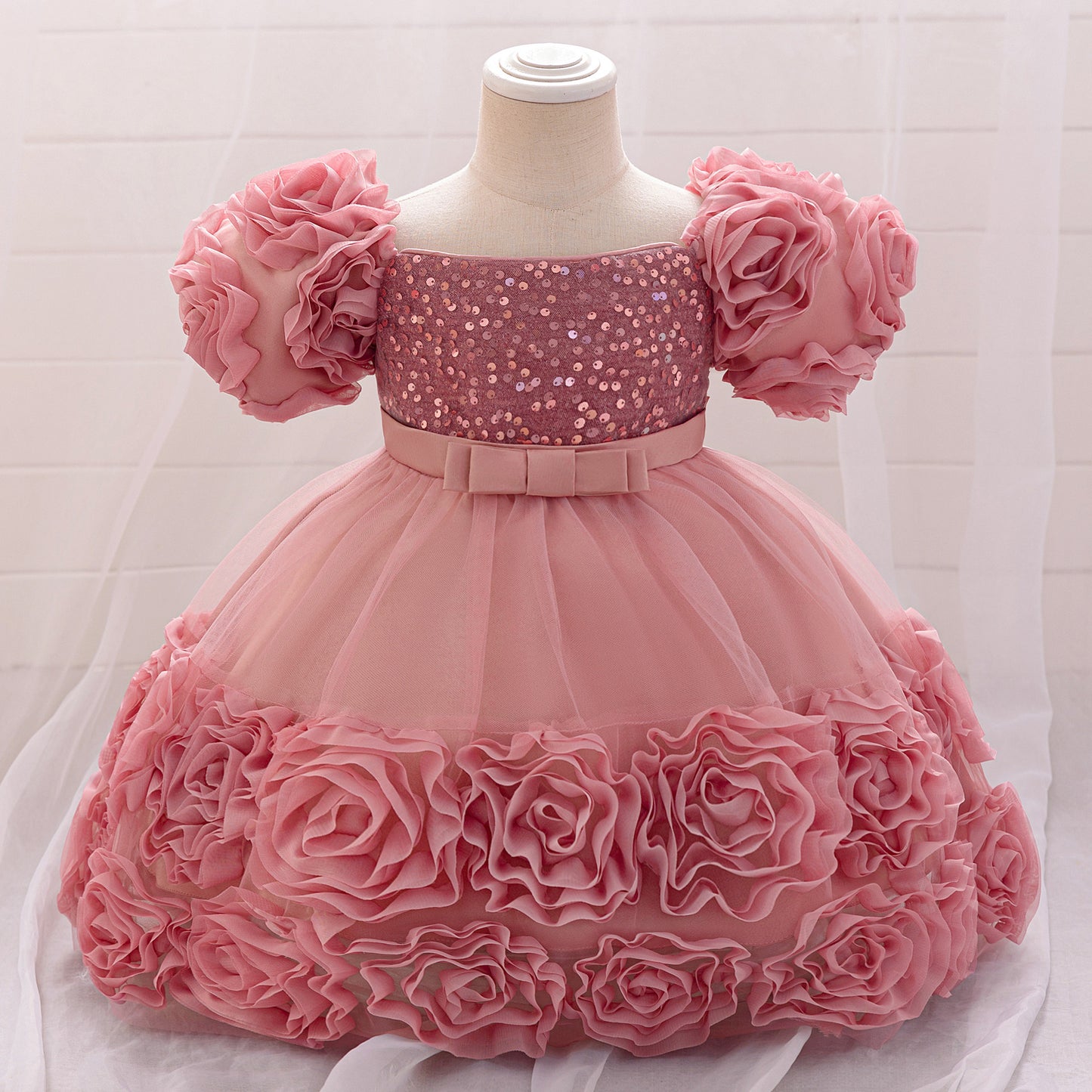 Puffy Off-Shoulder Sequin Ball Gown for Girls – Tea Length Bowknot Flower Dress