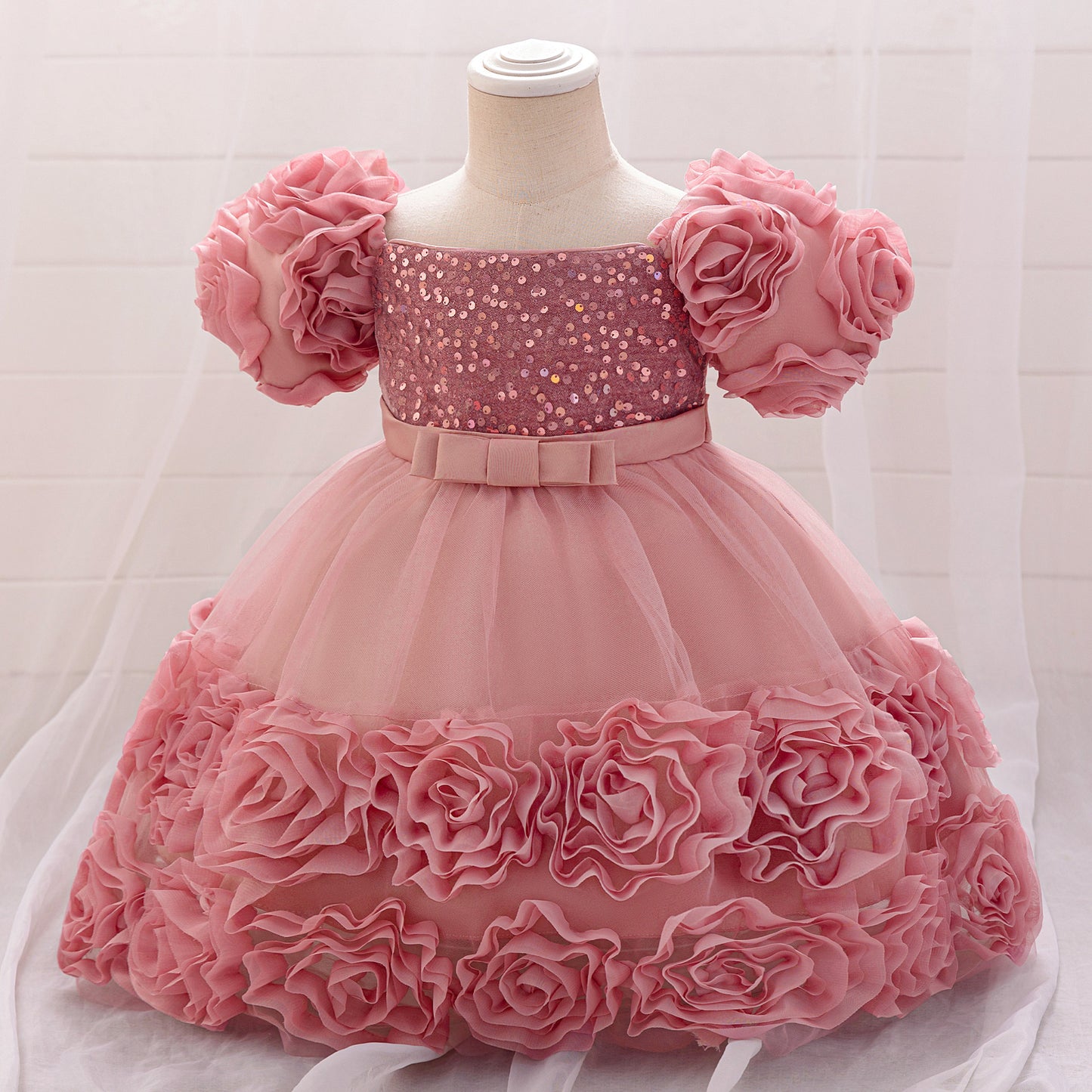 Puffy Off-Shoulder Sequin Ball Gown for Girls – Tea Length Bowknot Flower Dress