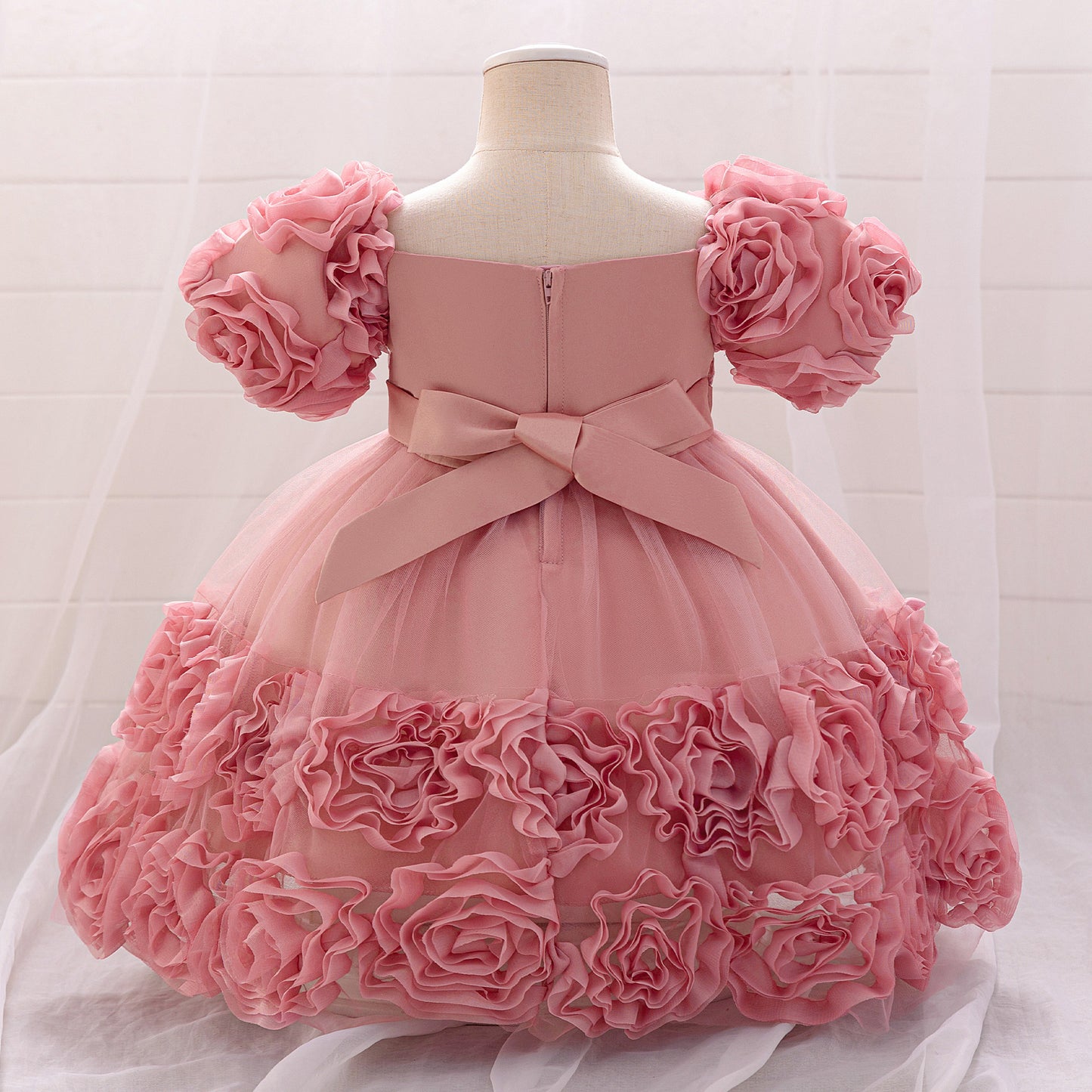 Puffy Off-Shoulder Sequin Ball Gown for Girls – Tea Length Bowknot Flower Dress