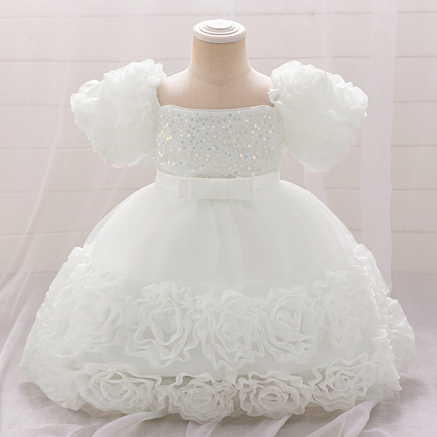 Puffy Off-Shoulder Sequin Ball Gown for Girls – Tea Length Bowknot Flower Dress