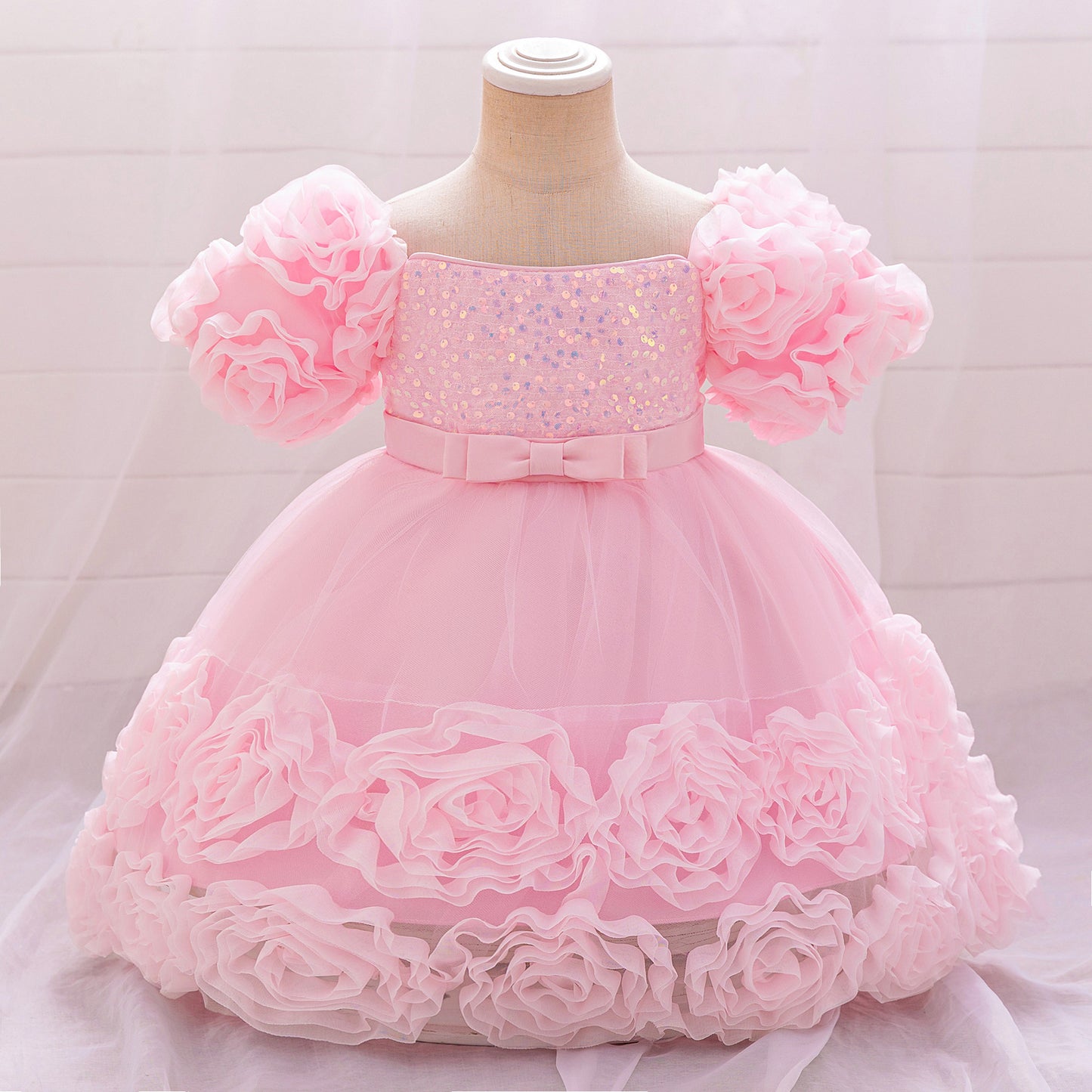 Puffy Off-Shoulder Sequin Ball Gown for Girls – Tea Length Bowknot Flower Dress