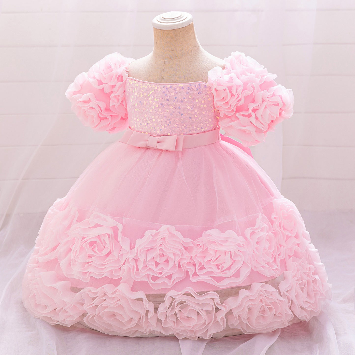 Puffy Off-Shoulder Sequin Ball Gown for Girls – Tea Length Bowknot Flower Dress