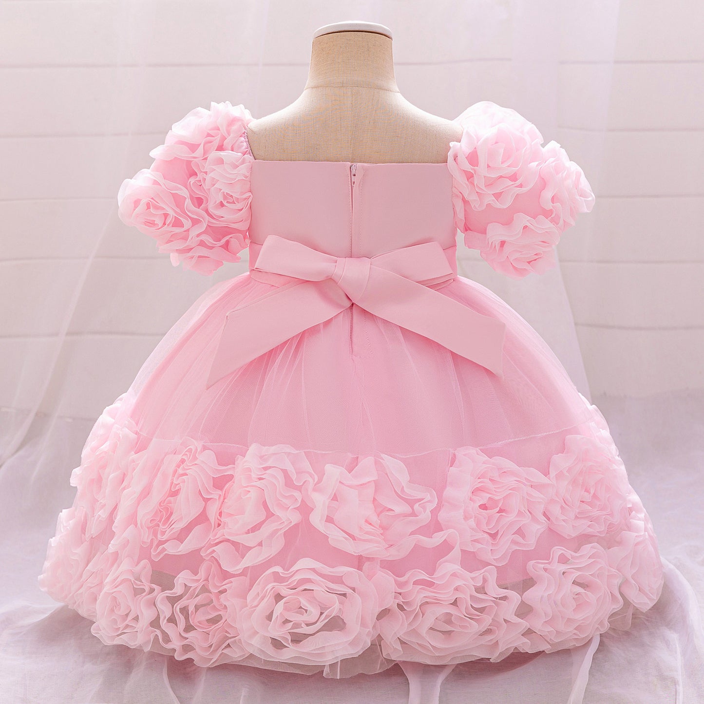 Puffy Off-Shoulder Sequin Ball Gown for Girls – Tea Length Bowknot Flower Dress