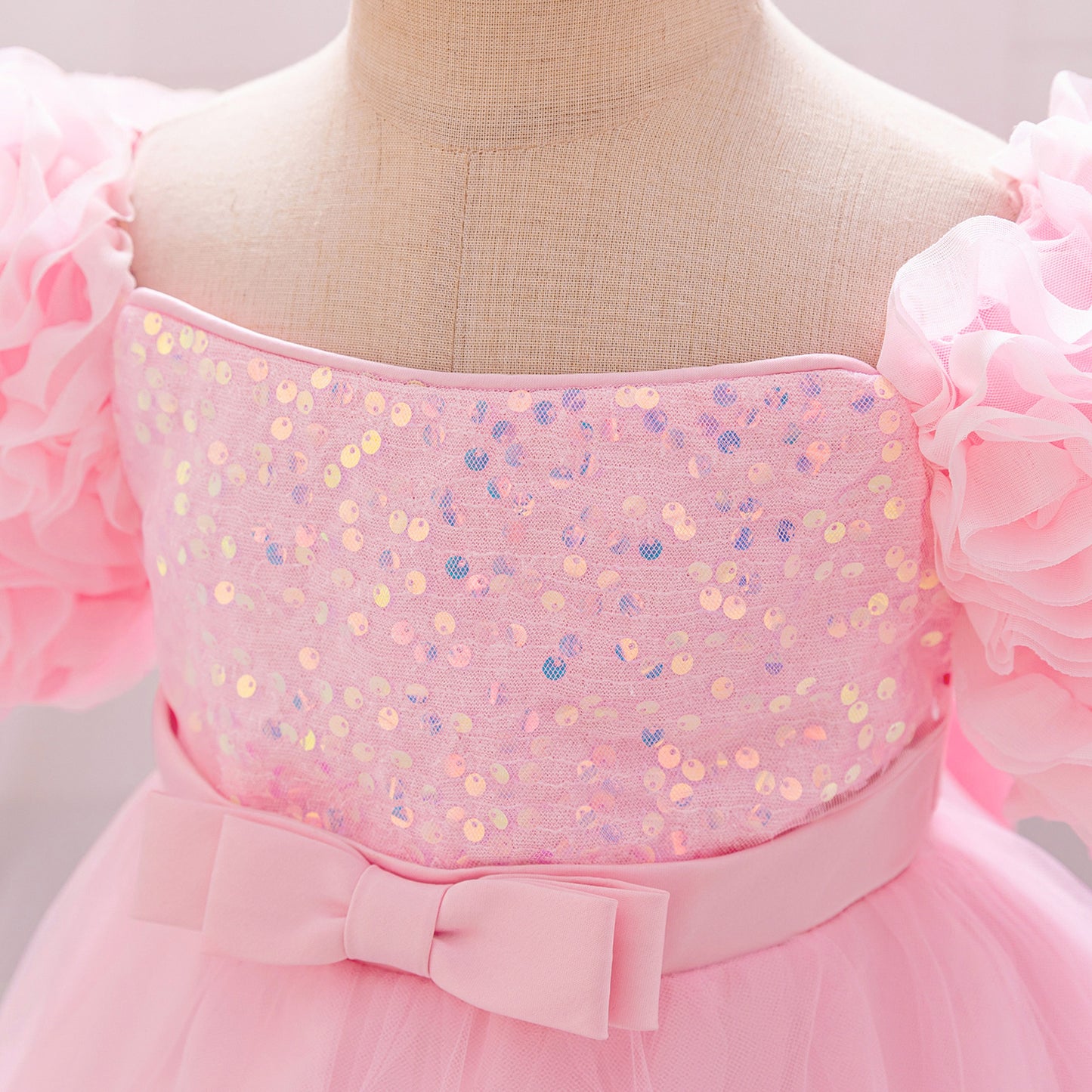 Puffy Off-Shoulder Sequin Ball Gown for Girls – Tea Length Bowknot Flower Dress