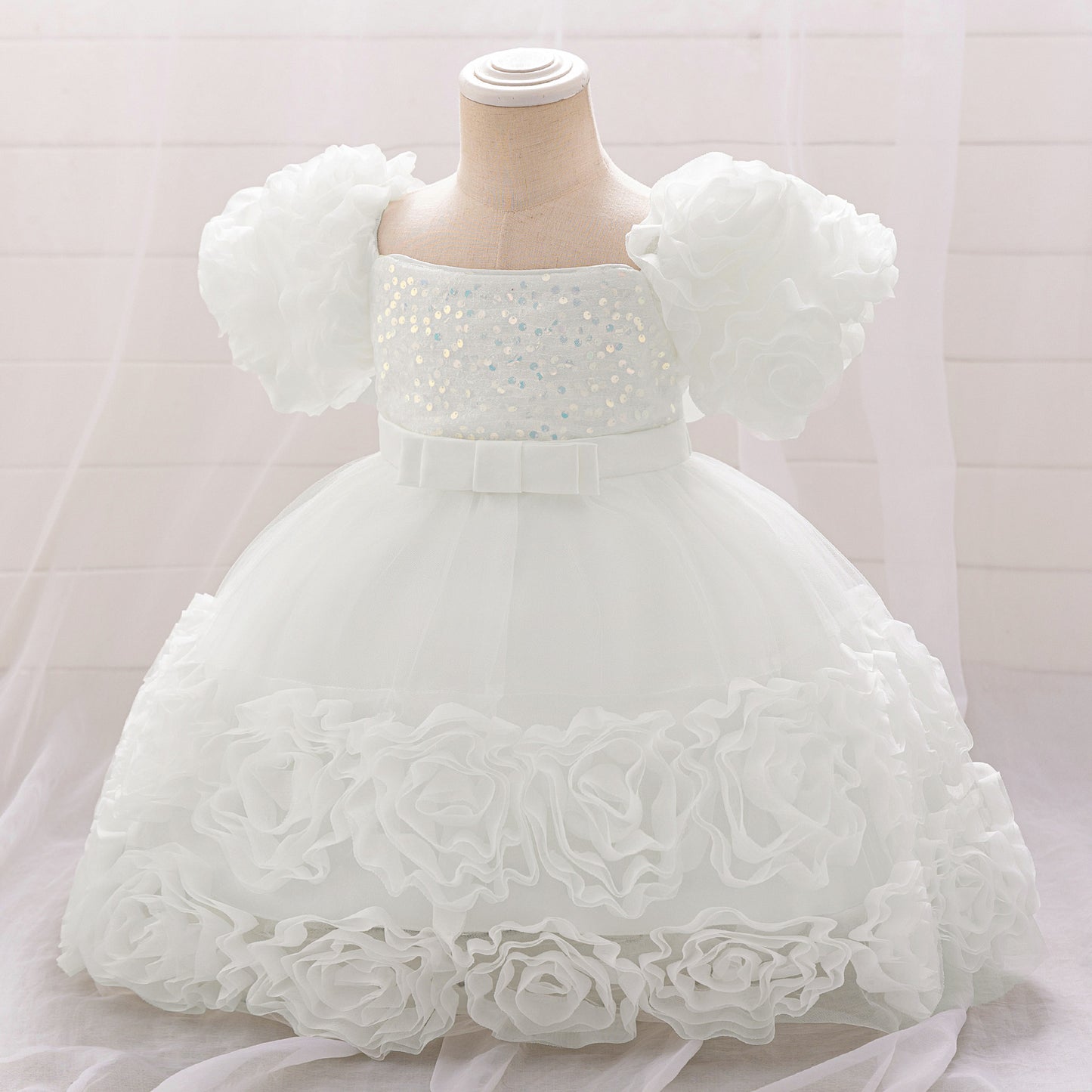 Puffy Off-Shoulder Sequin Ball Gown for Girls – Tea Length Bowknot Flower Dress