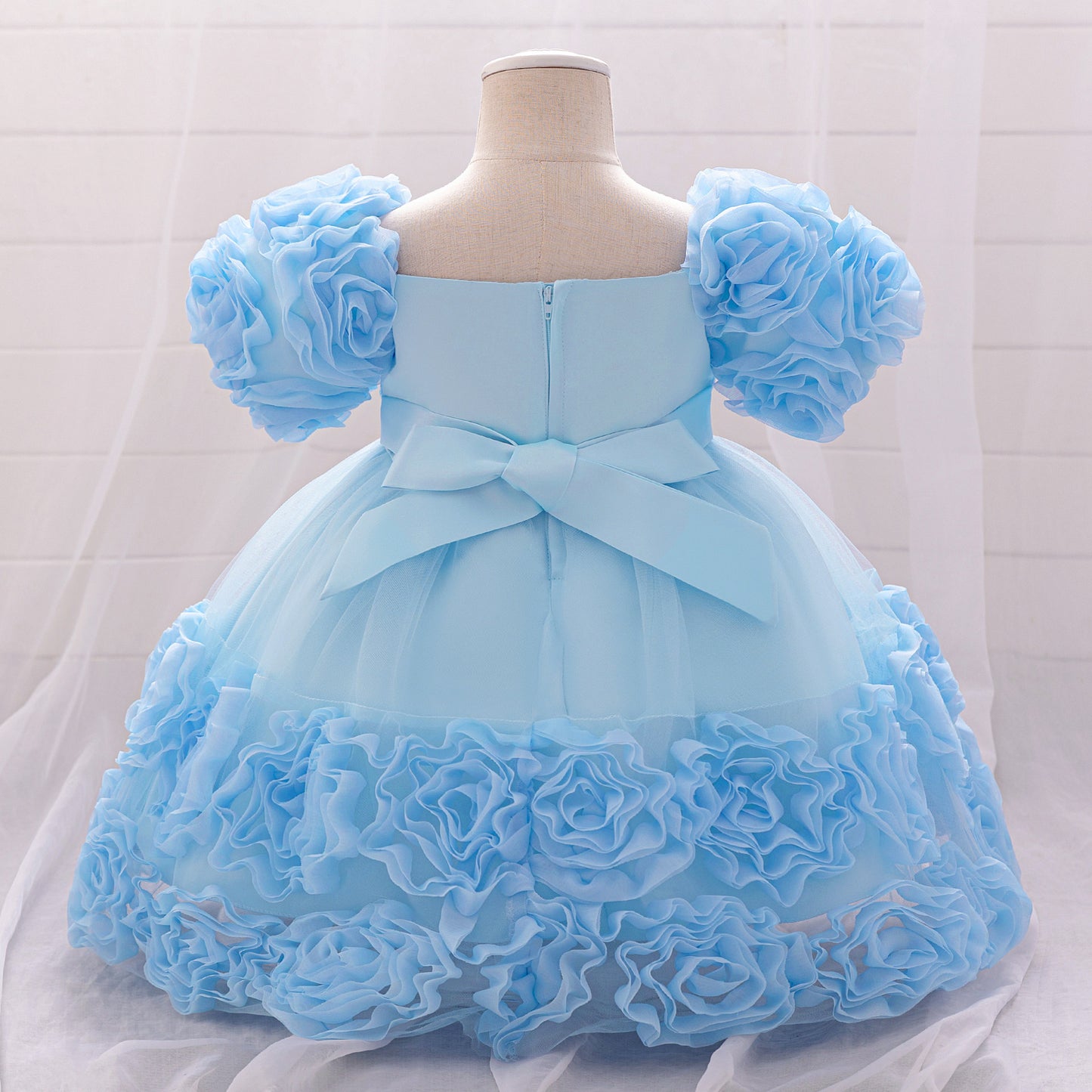 Puffy Off-Shoulder Sequin Ball Gown for Girls – Tea Length Bowknot Flower Dress