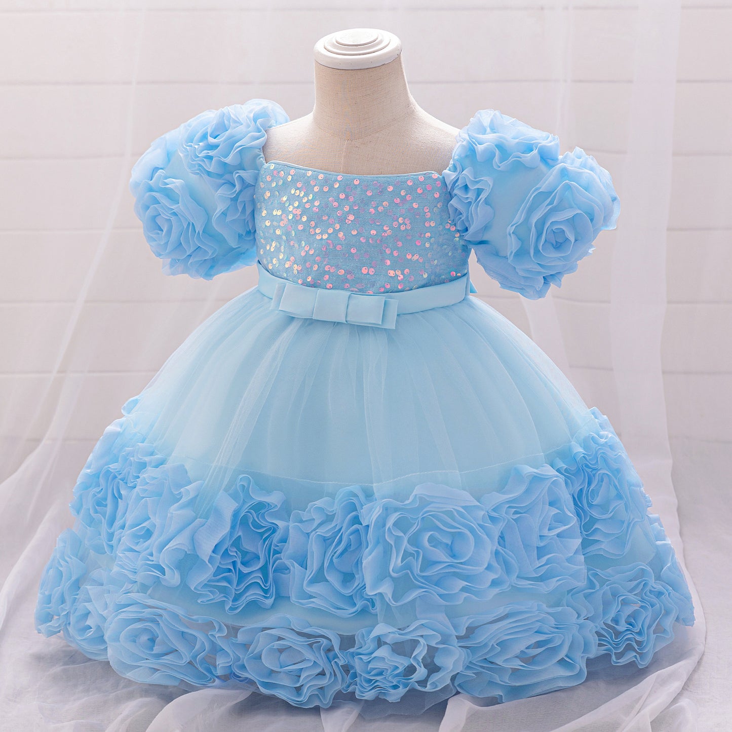 Puffy Off-Shoulder Sequin Ball Gown for Girls – Tea Length Bowknot Flower Dress