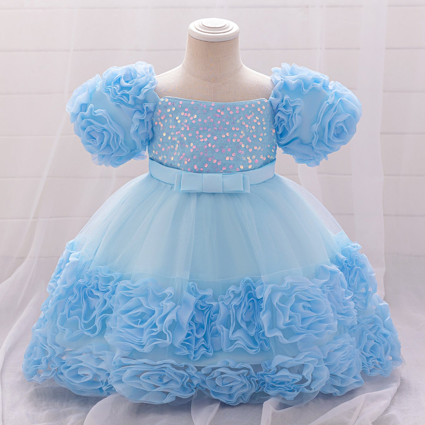 Puffy Off-Shoulder Sequin Ball Gown for Girls – Tea Length Bowknot Flower Dress