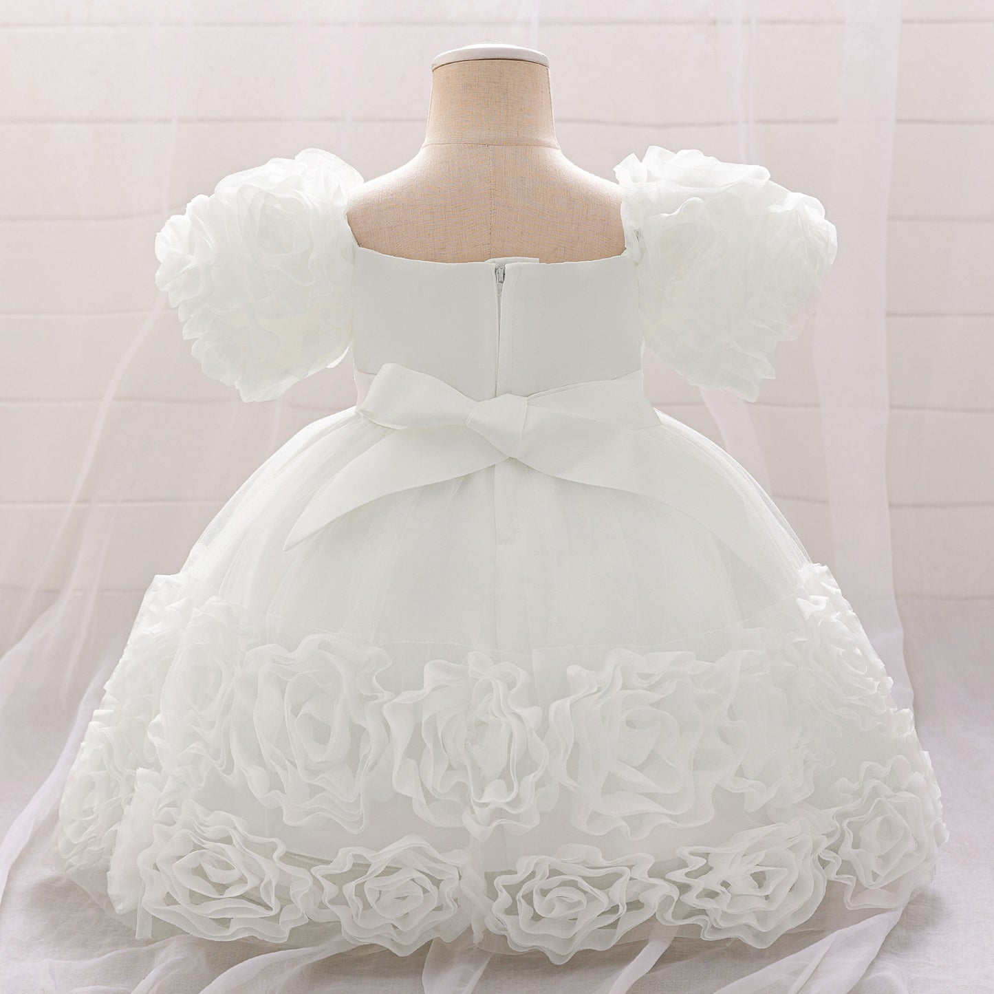 Puffy Off-Shoulder Sequin Ball Gown for Girls – Tea Length Bowknot Flower Dress
