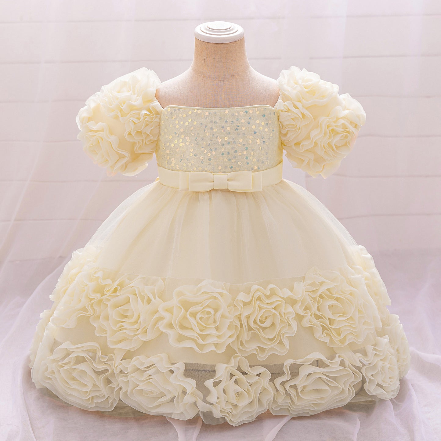 Puffy Off-Shoulder Sequin Ball Gown for Girls – Tea Length Bowknot Flower Dress