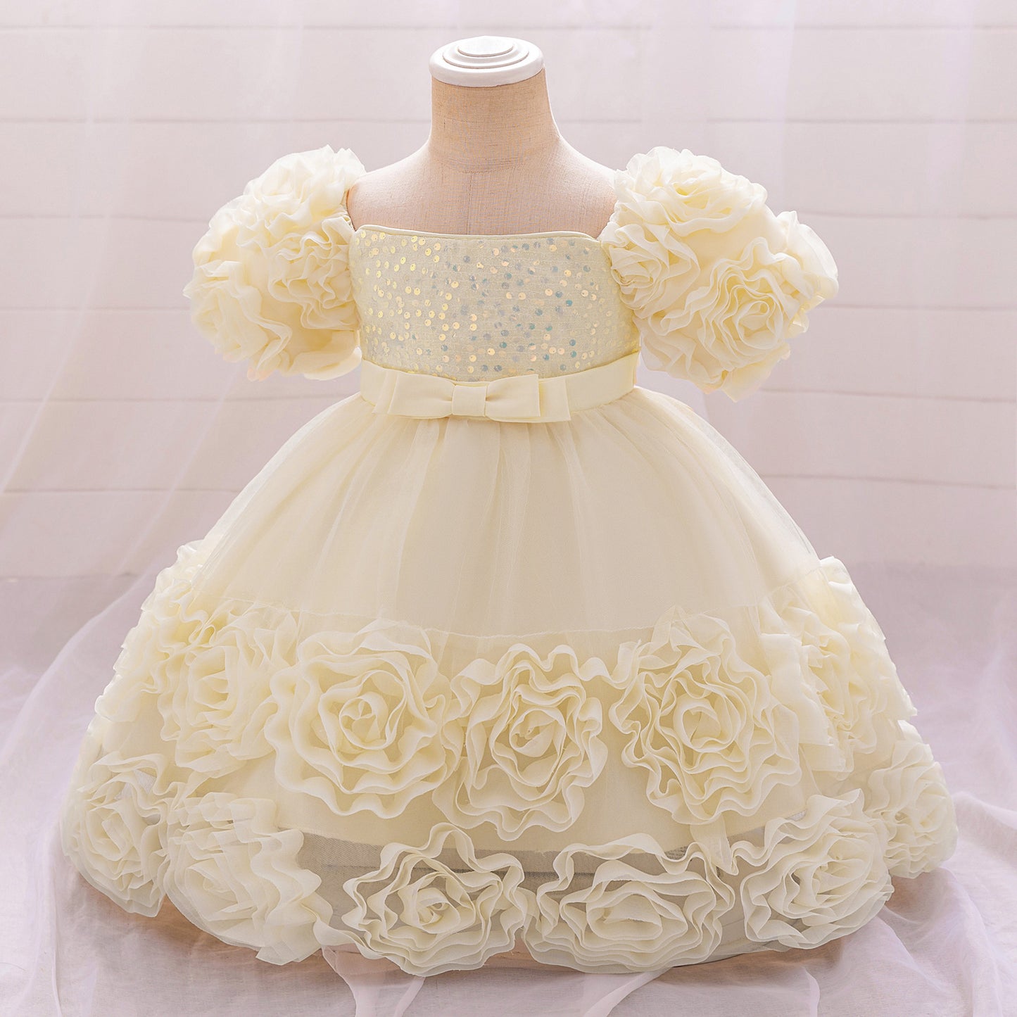 Puffy Off-Shoulder Sequin Ball Gown for Girls – Tea Length Bowknot Flower Dress