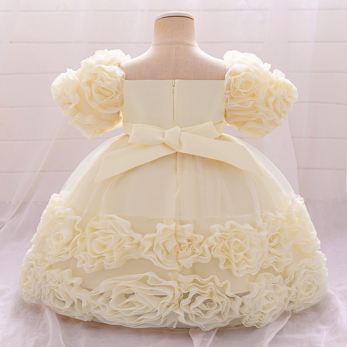 Puffy Off-Shoulder Sequin Ball Gown for Girls – Tea Length Bowknot Flower Dress