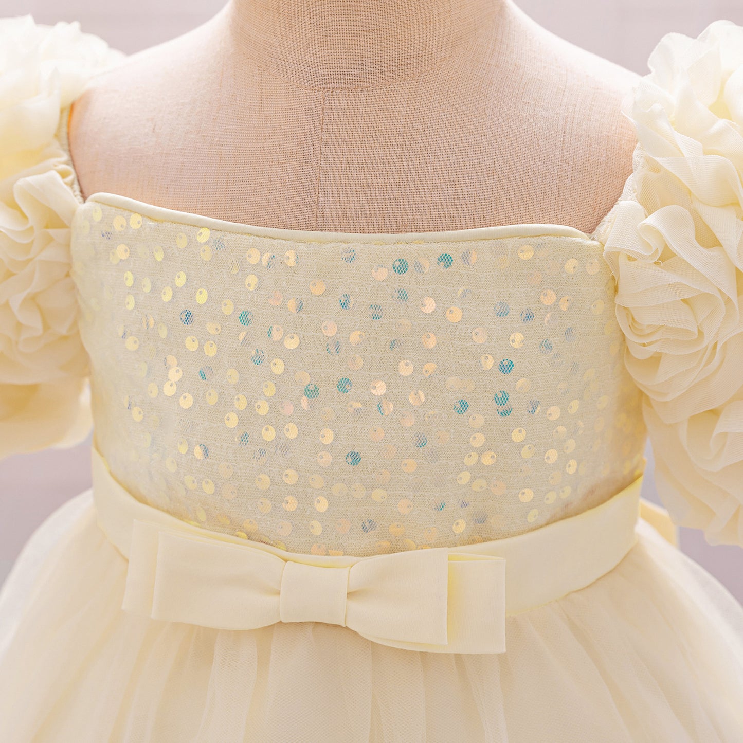 Puffy Off-Shoulder Sequin Ball Gown for Girls – Tea Length Bowknot Flower Dress