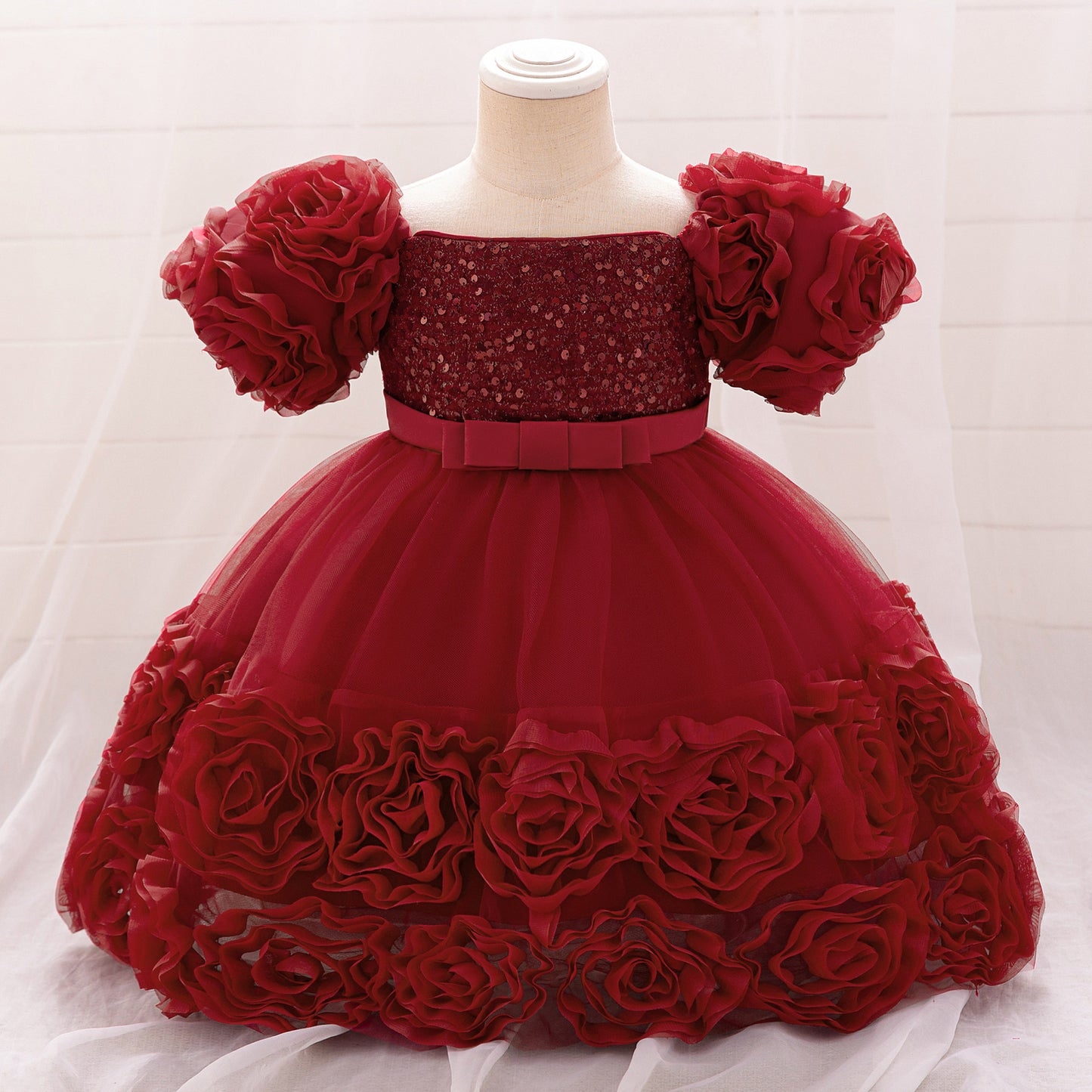Puffy Off-Shoulder Sequin Ball Gown for Girls – Tea Length Bowknot Flower Dress