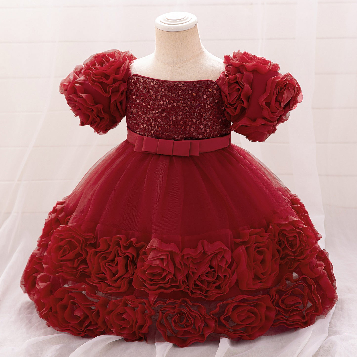 Puffy Off-Shoulder Sequin Ball Gown for Girls – Tea Length Bowknot Flower Dress