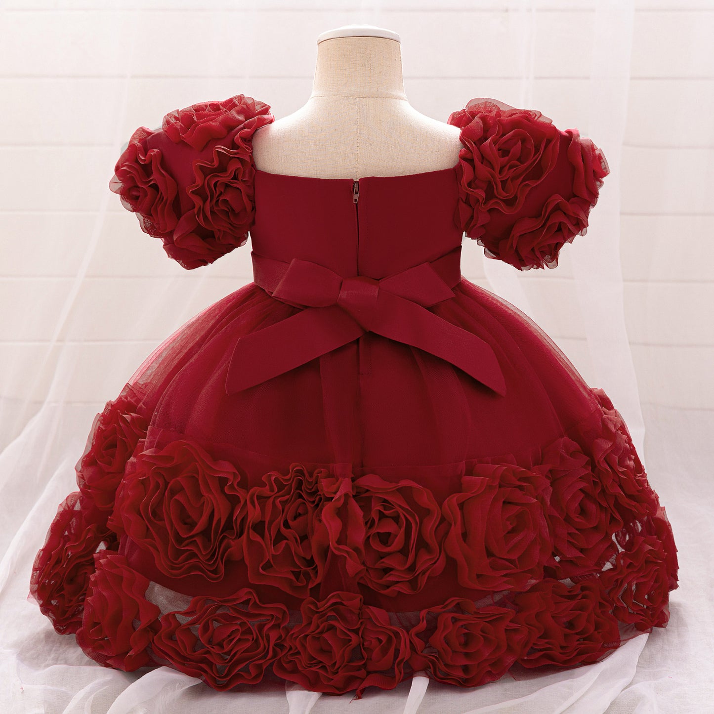Puffy Off-Shoulder Sequin Ball Gown for Girls – Tea Length Bowknot Flower Dress