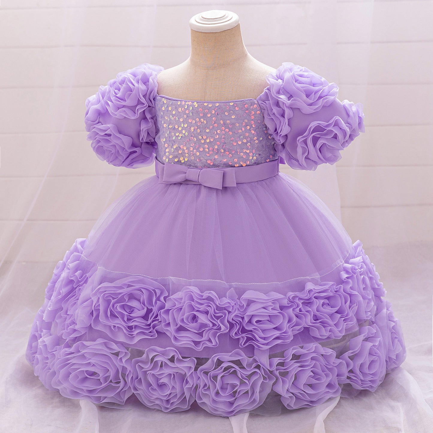 Puffy Off-Shoulder Sequin Ball Gown for Girls – Tea Length Bowknot Flower Dress