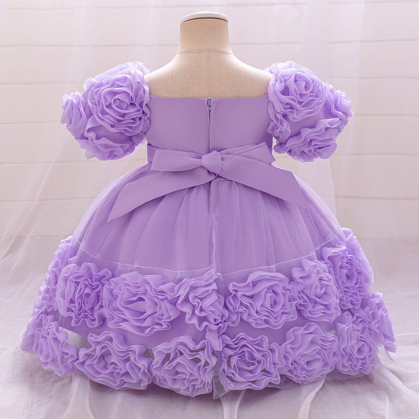 Puffy Off-Shoulder Sequin Ball Gown for Girls – Tea Length Bowknot Flower Dress