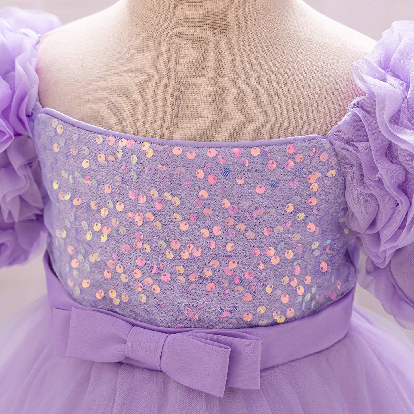 Puffy Off-Shoulder Sequin Ball Gown for Girls – Tea Length Bowknot Flower Dress