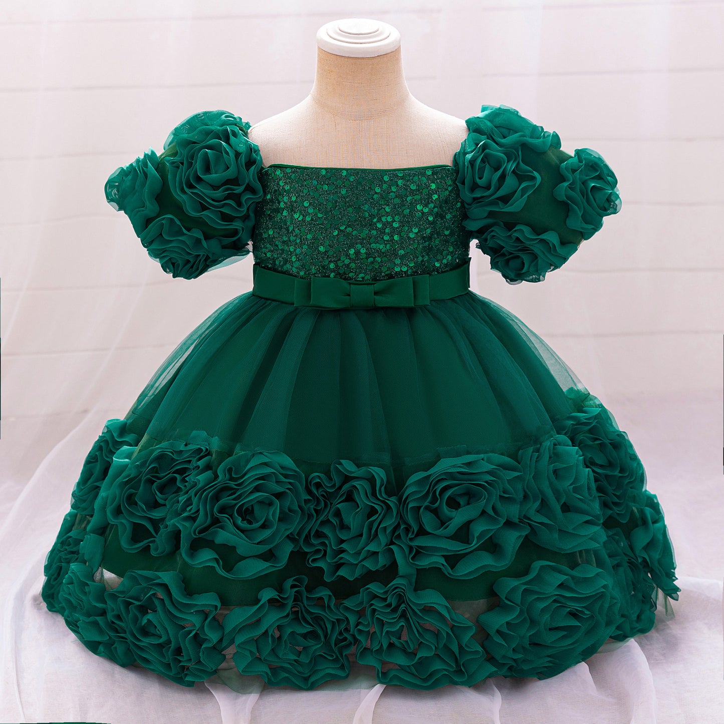 Puffy Off-Shoulder Sequin Ball Gown for Girls – Tea Length Bowknot Flower Dress