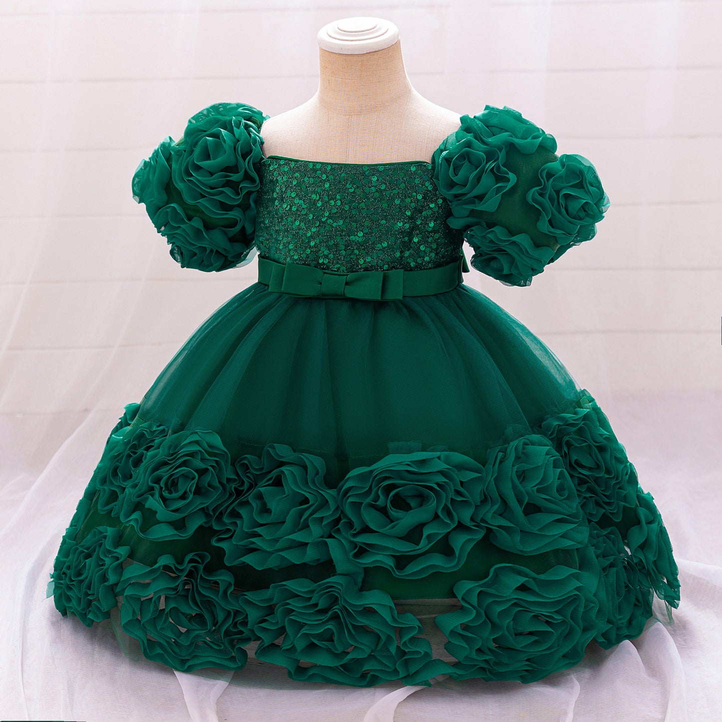 Puffy Off-Shoulder Sequin Ball Gown for Girls – Tea Length Bowknot Flower Dress