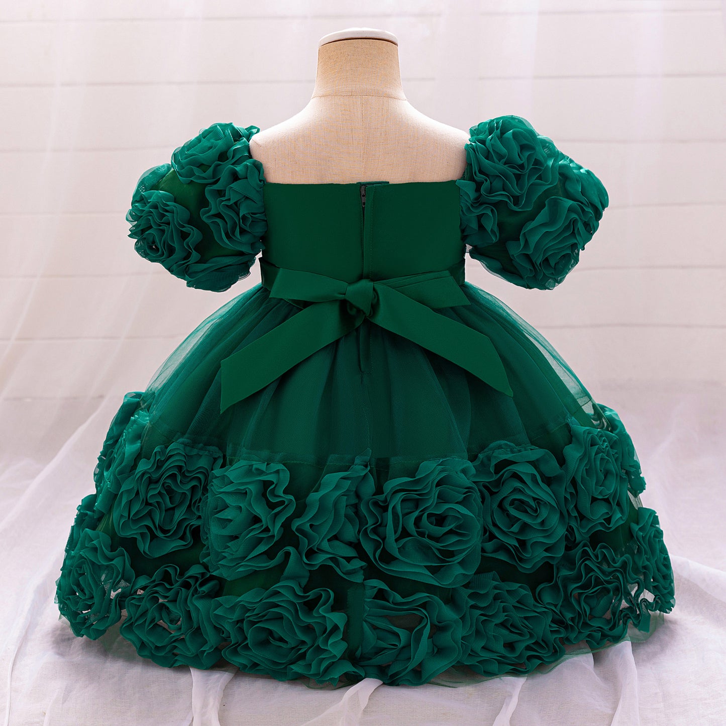 Puffy Off-Shoulder Sequin Ball Gown for Girls – Tea Length Bowknot Flower Dress