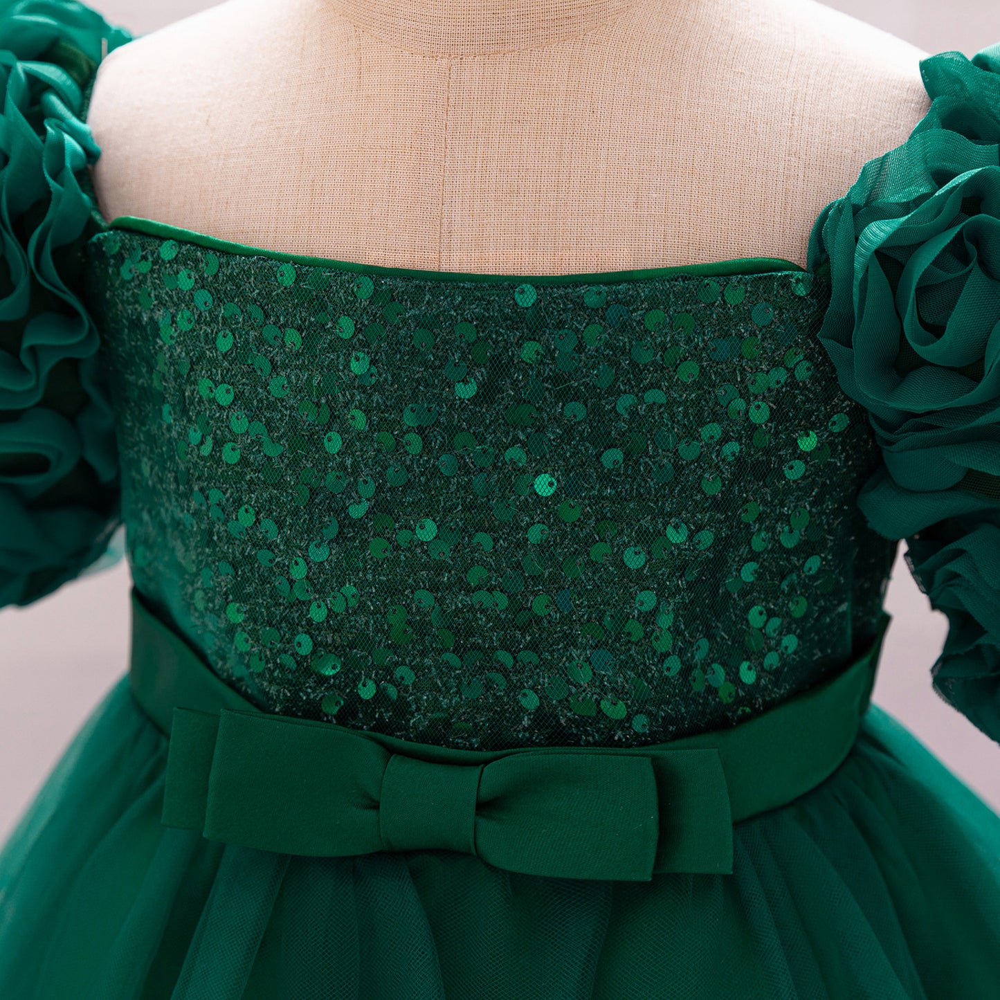Puffy Off-Shoulder Sequin Ball Gown for Girls – Tea Length Bowknot Flower Dress