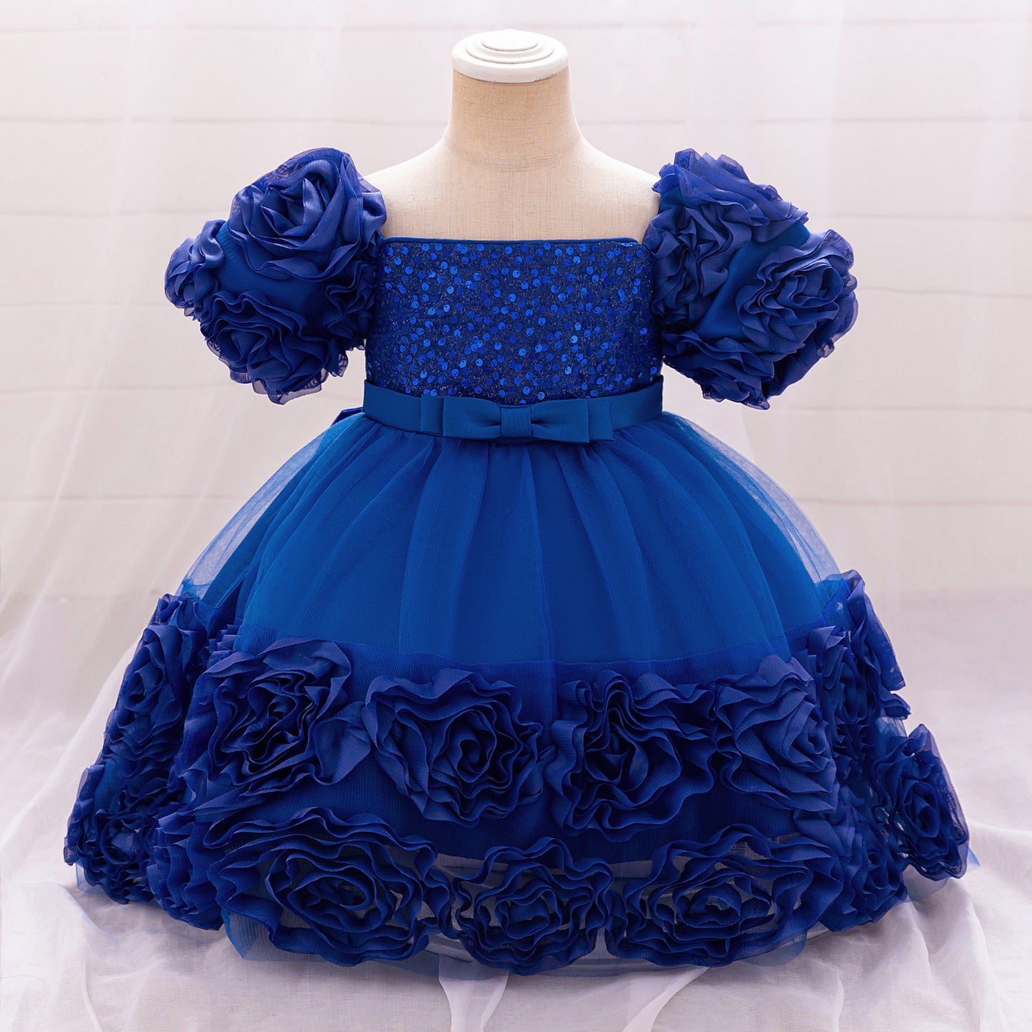 Puffy Off-Shoulder Sequin Ball Gown for Girls – Tea Length Bowknot Flower Dress