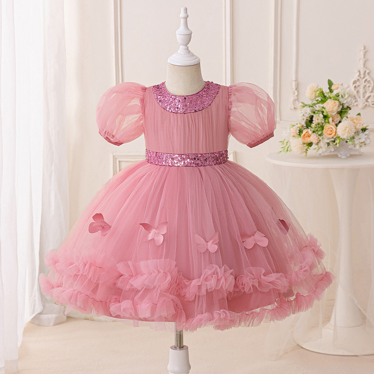 Puffy Princess Dress for Girls – Tulle Ball Gown with Applique & Sequins | Tea Length