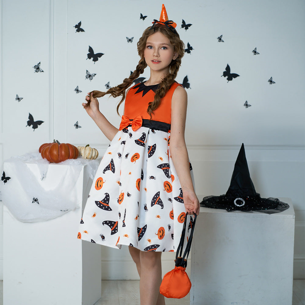 Cute Orange Pumpkin Cartoon A-line Satin Dress for Girls – Halloween & Party Outfit