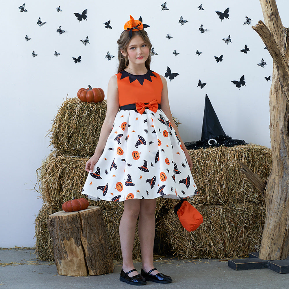 Cute Orange Pumpkin Cartoon A-line Satin Dress for Girls – Halloween & Party Outfit