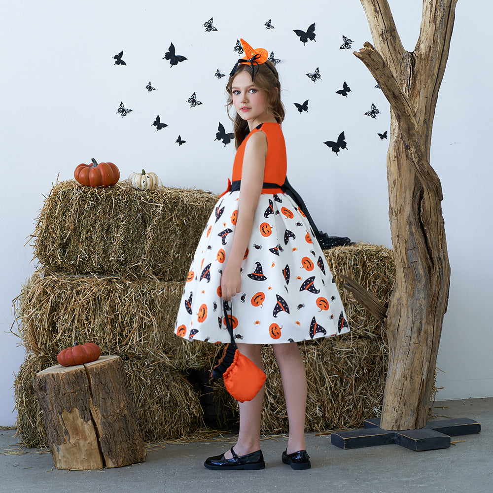 Cute Orange Pumpkin Cartoon A-line Satin Dress for Girls – Halloween & Party Outfit