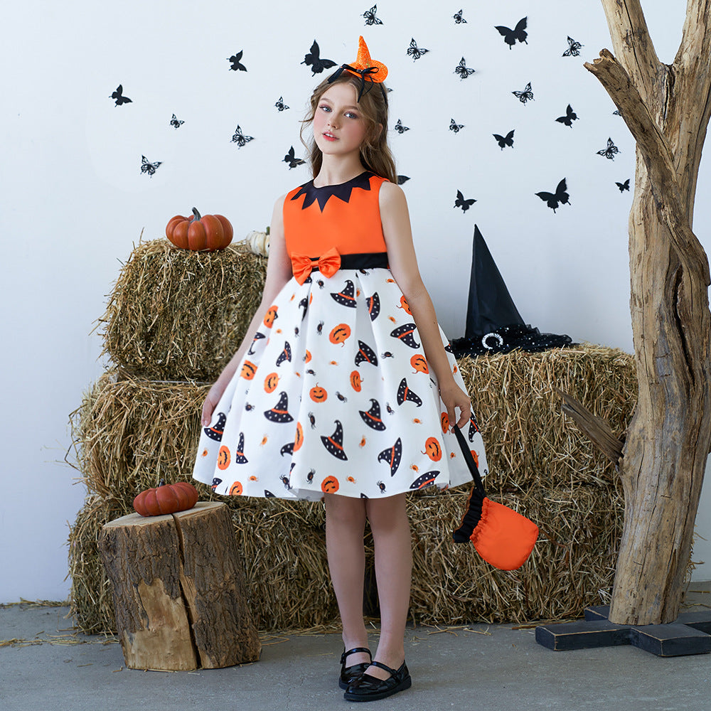 Cute Orange Pumpkin Cartoon A-line Satin Dress for Girls – Halloween & Party Outfit